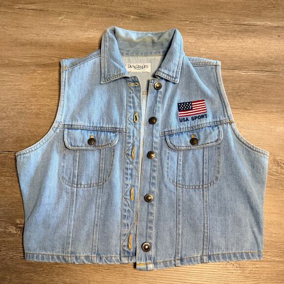 Tangibles Jackets & Blazers - Vintage Tangibles USA Sport Denim Vest Jean Olympics Fourth of July